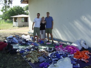 Me, Maggie and Robbie with the clothes, preparing for a barrage of kids